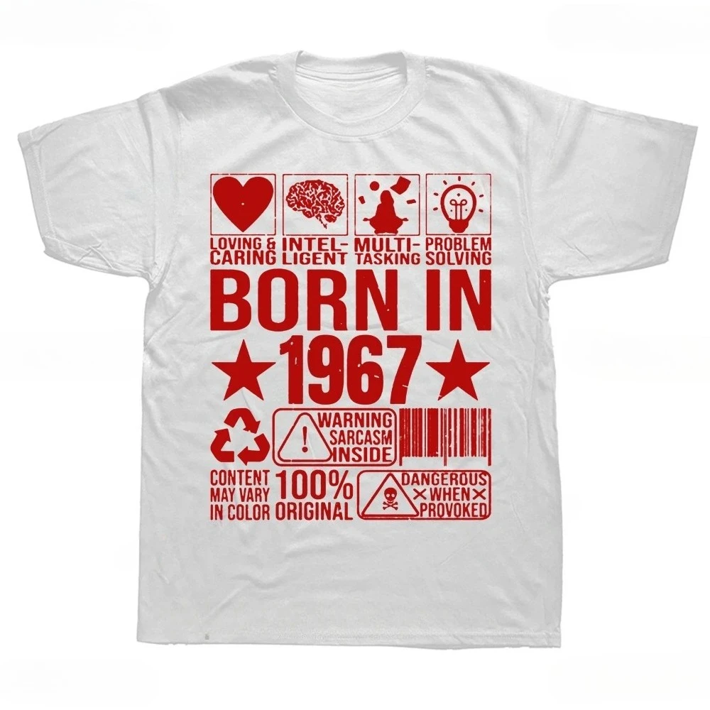 Hot Sale Born in 1967 Warning Label Barcode Graphic T Shirts Streetwear Short Sleeve Summer Style Women Clothing Harajuku Tees
