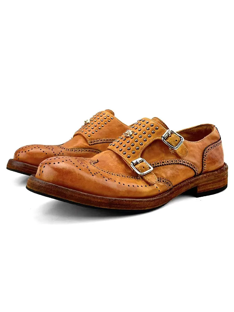 

Goodyear-welted Men’s Leather Shoes, Chunky Sole, Niche Vintage Casual Color-block Genuine Leather, New British-style Brogue Car