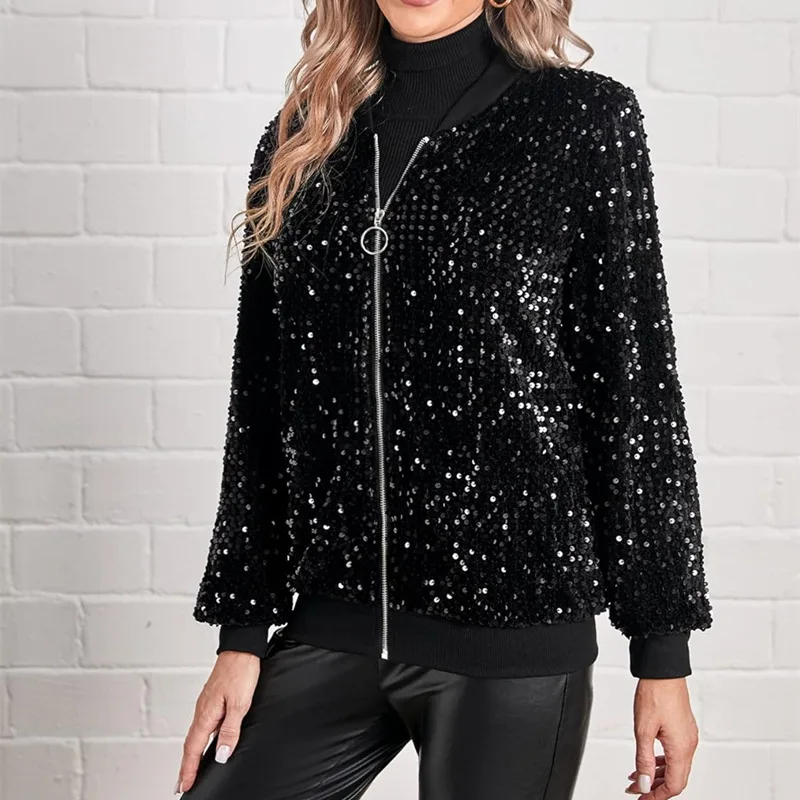 Veste de Baseball à Paillettes Brillantes pour Femme, Cardigan Chic à Col Rond, Manches sulf, Fermeture Éclair, Haut Décontracté, Polyvalent, Solide, Document, Mode de Rue