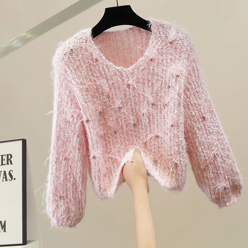 

Korean Sle Faion Heavy Embellied Feather Tassel V-Ne Sweater Women's Slimming Top Versatile Mid-Length Long Sve