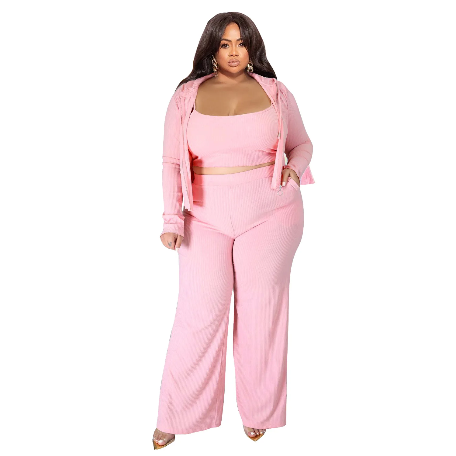 Autumn 2023 Plus Size Women Three Pieces Set Casual Long Sleeves Coat Vest and Pants Casual Tracksuits Outwear Outfits