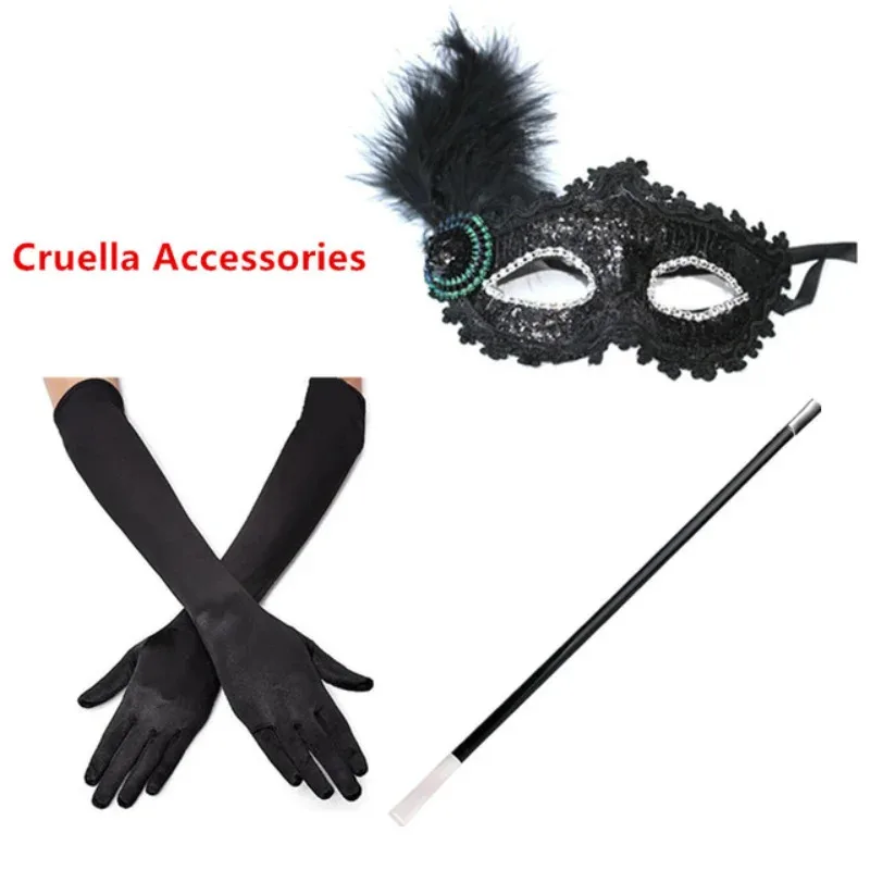2023年ハロウィン子供クルエラコスチューム仮面舞踏会パーティーガールズブラックホワイトロングドレスケープ付きカーニバルキッズクルエラウィッグレースマスク