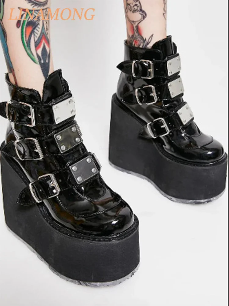 Picture 6: Thick Soled Belt Buckle Short Boots Black Punk Style Multiple Belt Buckles Rivets Thick Soled  Platform Boots