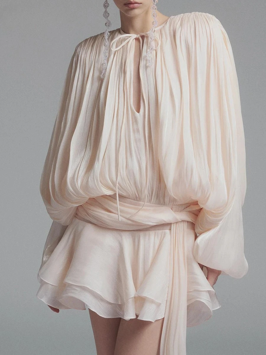 

Chic Spliced Lace Up Loose Sexy Short Dresses For Women Round Neck Long Sleeve Minimalist Ruffles Folds Dress Female Fashion