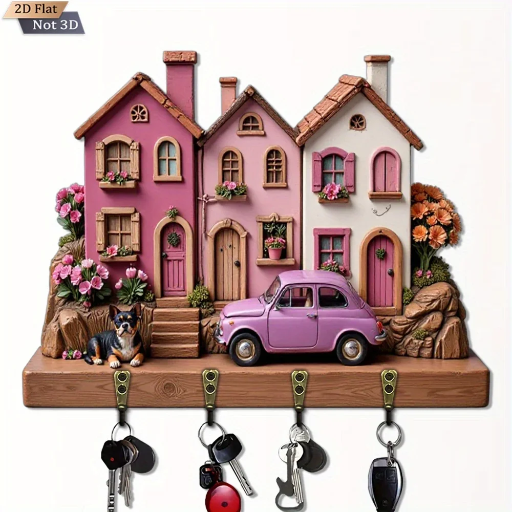 2D Flat, 1pc,  cottage  dog key hook wooden multifunctional home key rack, with four metal hooks, wall decoration, porch