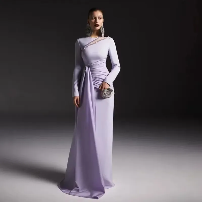 

Charming Lilac Evening Dresses Long Sleeves O-Neck Ruched Women Formal Wedding Party Guest Gowns Met Gala Customized