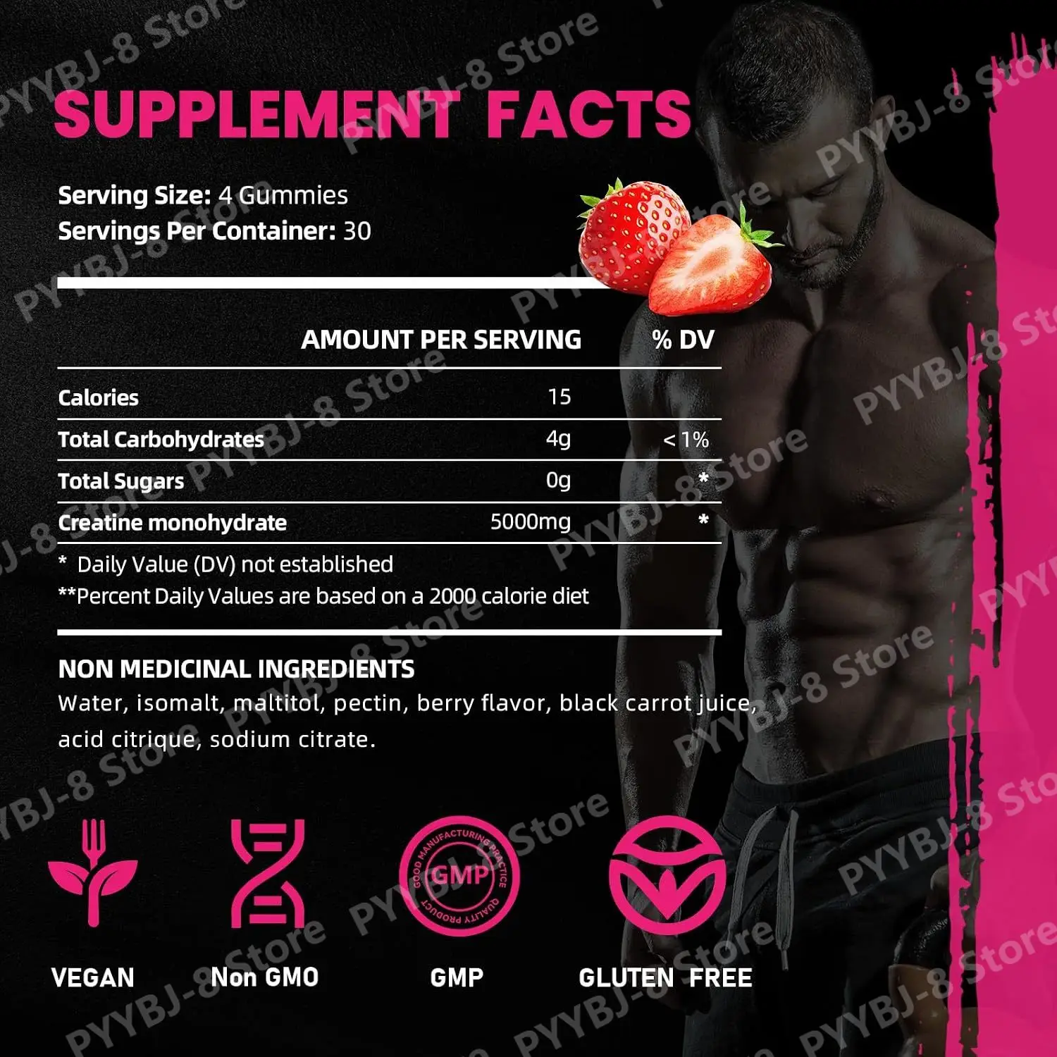 Creatine Monohydrate Gummies 120 Count 5000mg Strawberry Flavor Support Muscle Growth and Post Exercise Recovery No Sugar Vegan