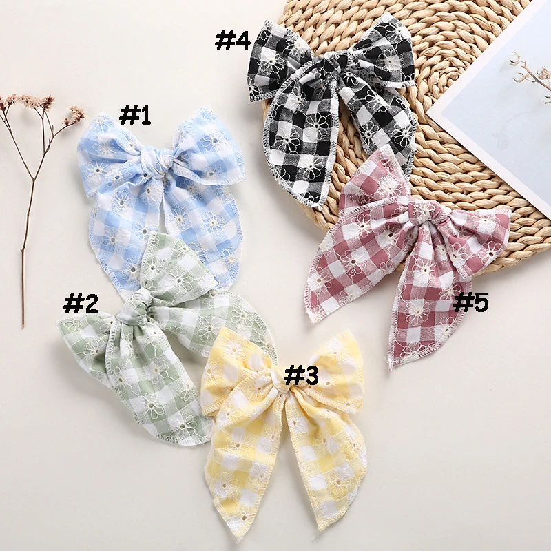 30pc/lot 6.2Inch Fable Bows Nylon Headbands Plaid Hair Bows Hair Clips Kid Girls Lace Embroidery Knotbow Hairpins Child Headwear