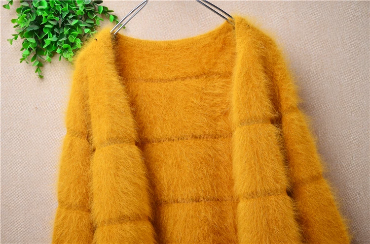 Broken Size S Ladies Women Spring Autumn Striped Hairy Angora Rabbit Hair Knitted Long Sleeves Slim Cardigans Sweater Jacket Top