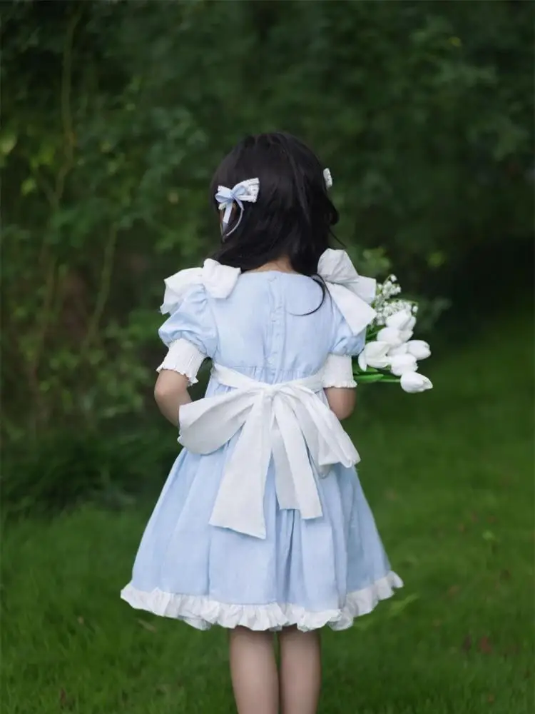 2024 Kids Spanish Clothes Girls HandMade Blue Dress with Big Bow sleeve Baby Pearl Embrodiery Dresses Children Elegant Frocks