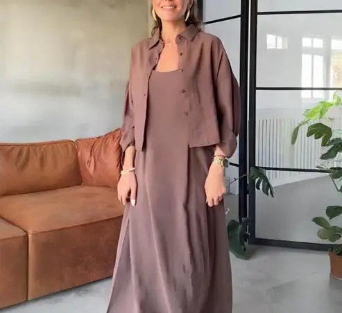 

Женский комплект из двух предметов, новинка весны 2024, однотонное платье-бретелька без рукавов с U-образным вырезом и рубашка с отложным воротником и длинными рукавами