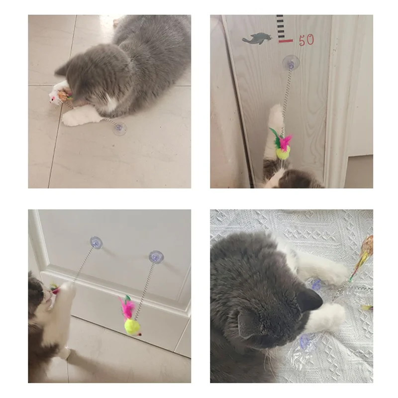 Feather Cat Teaser Wand Swing Mouse With Suction Cup Spring Cat Toy Relieve Boredom Self Play Interactive Toy Cat Entertainment