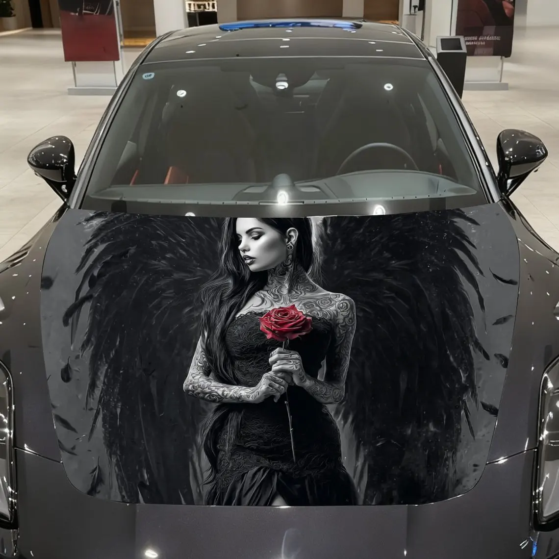 

Gothic Black Wings Handheld Rose Girl Car Hood Stickers, Decorative Car Packaging Paper, Bold Designs, Halloween Decorations, Ca