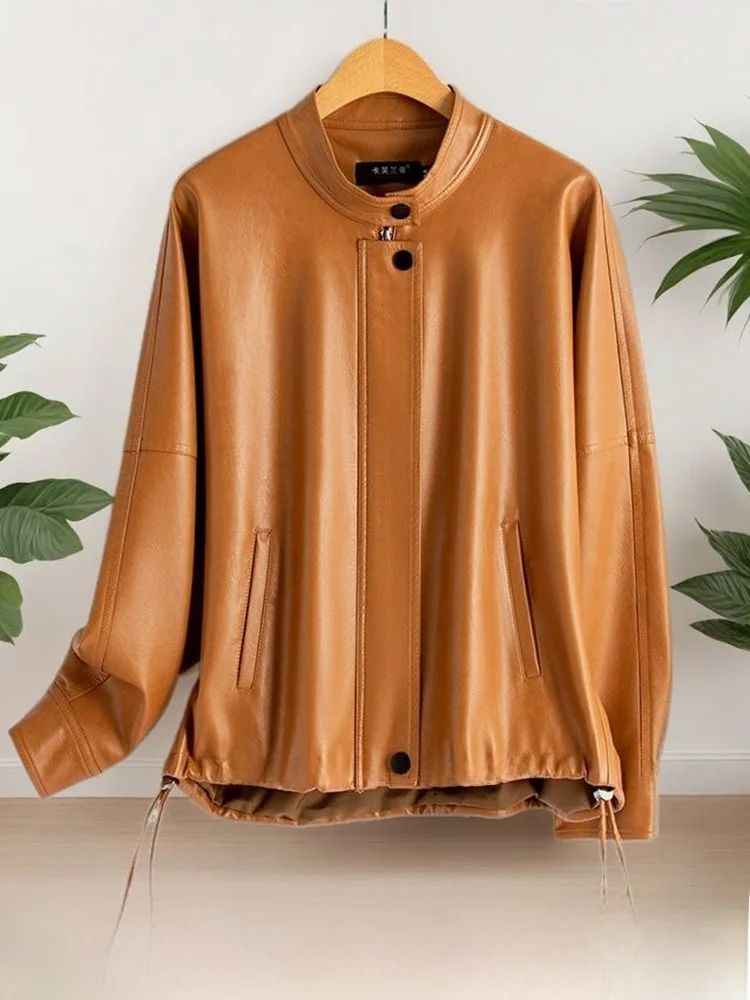 

Женская куртка из натуральной кожи Ning: новая весенне-осенняя модель свободного кроя, больших размеров, стройнящая, модная, из овчины