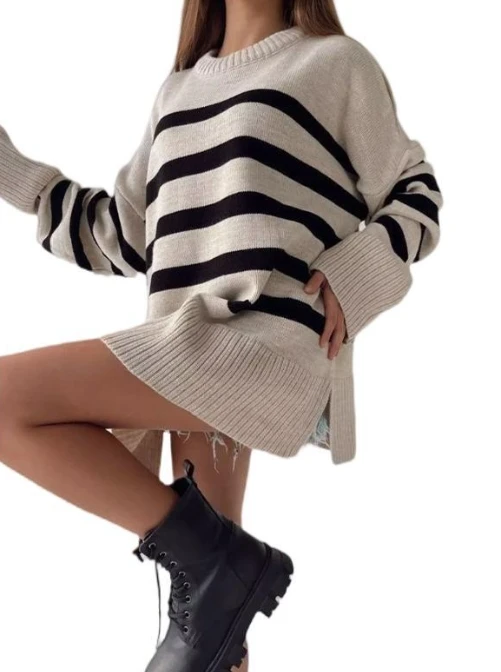 Women Sweater Tops Autumn and Winter Temperament Commuting Casual Striped Printed Loose Round Neck Pullover Long Sleeve Sweater