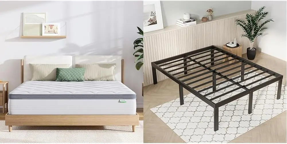 Queen Size 12 Inch Hybrid Mattress with Comfort Foam and Innerspring Pillow, Paired with 14 Inch Metal Platform Queen Bed Frame with Under-Bed Storage Space