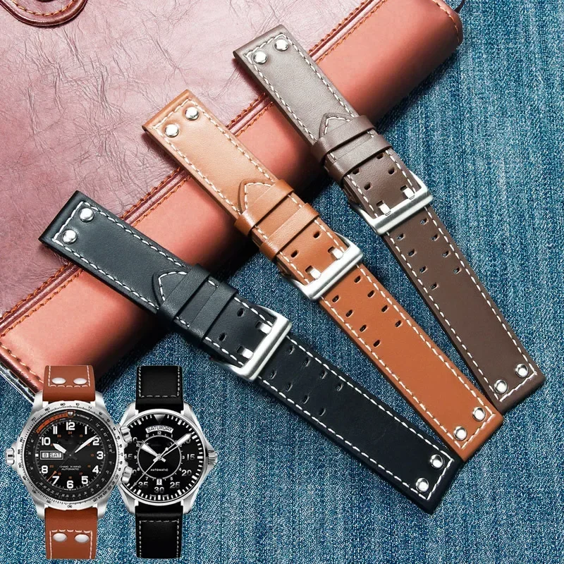 20mm22mm Double Row Hole Leather Straps for Hamilton Seiko Watch Band Rivet Mens Military Pilot Khaki Field Aviation Watch Belts