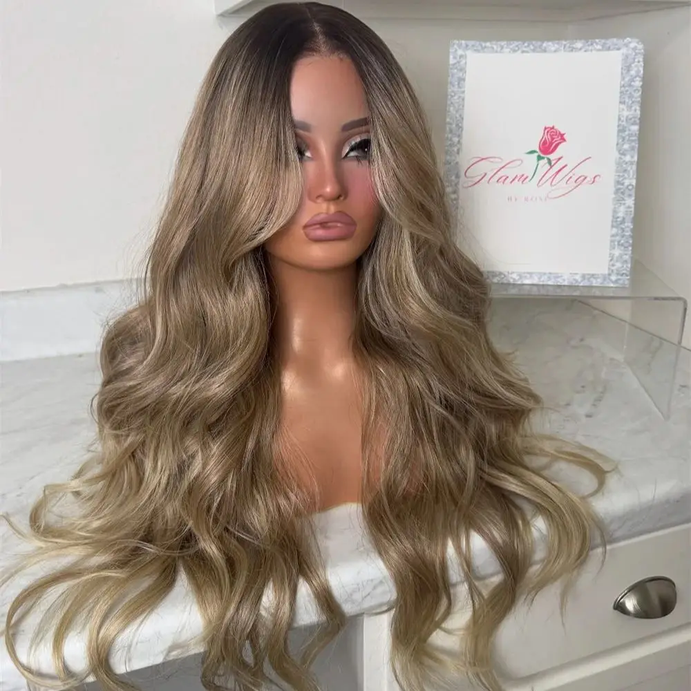 Honey Blonde Balayage Wavy Wig 13x4 Lace Front Wig Synthetic High Heat Fibre Luxury Party Wigs HD Lace Front Wig for Women