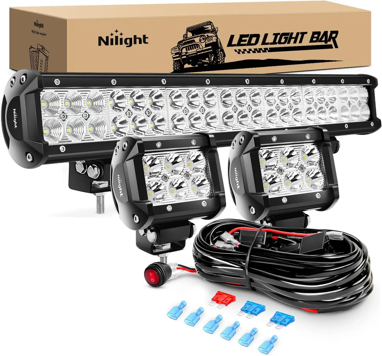 

20-Inch 126W LED Light Bar Combo with 2 Spot Pods & Wiring Harness for Off-Road Vehicles