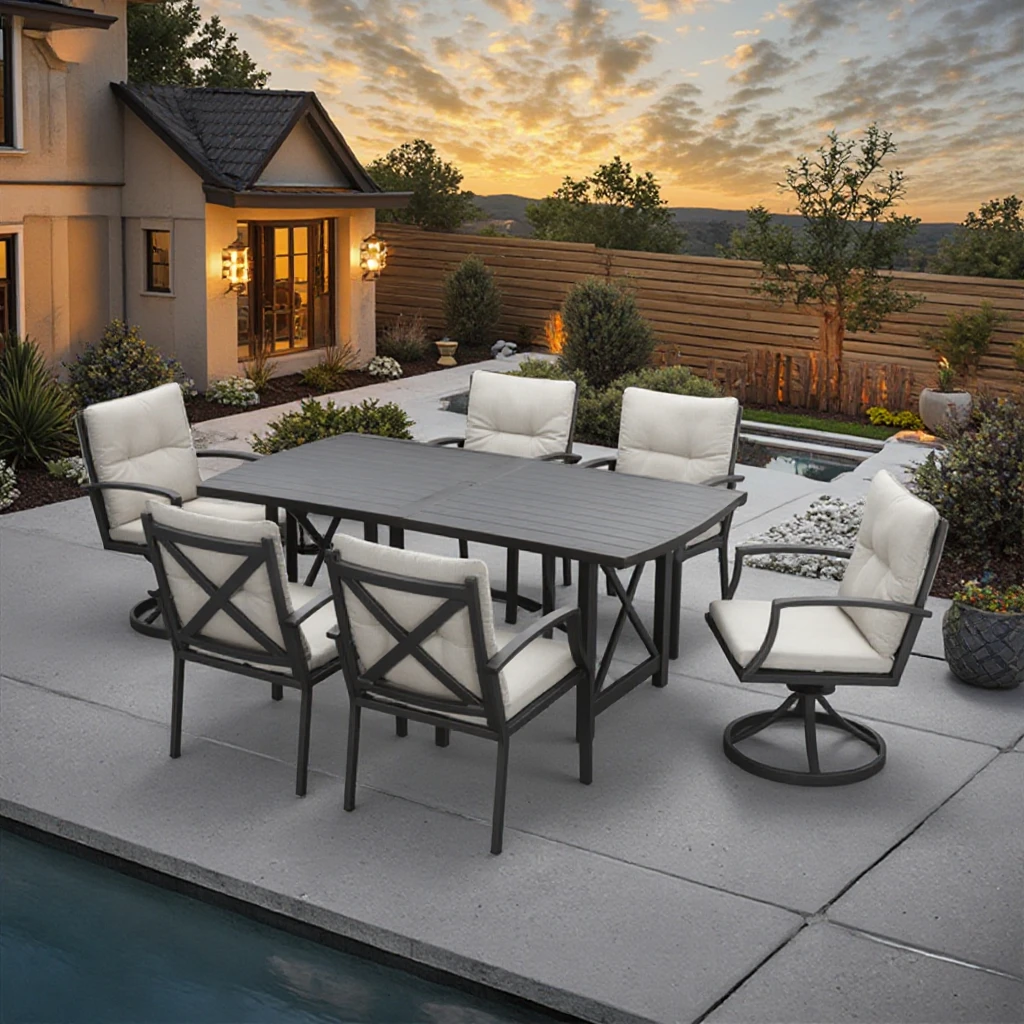 طقم طعام مريح فاخر مكون من 7 قطع مع وسائد قابلة للإزالة، سهل التجميع، شحن أمريكي مجاني للأثاث المنزلي الخارجي