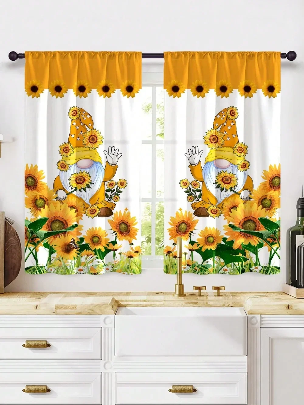 2Pcs Checkered Sunflower Printed Window Curtains Modern Style Rod Pocket for Kitchen Bedroom Home Decor