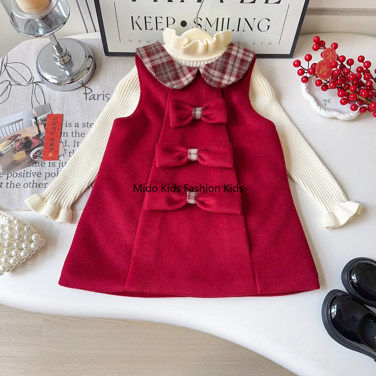 Girls' Sleeveless Dress Winter Arrival Thickened Quilted Lining with Bow Traditional Chinese Style Sleeveless Children's Dress