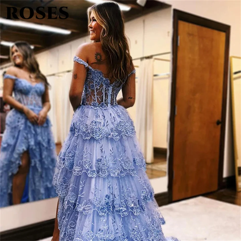 ROSES Blue Evening Dresses With Sheer Corset Off Shoulder Tiered Tulle Party Dress Glitter Sequined Lace A-Line Side Split 프롬드레스