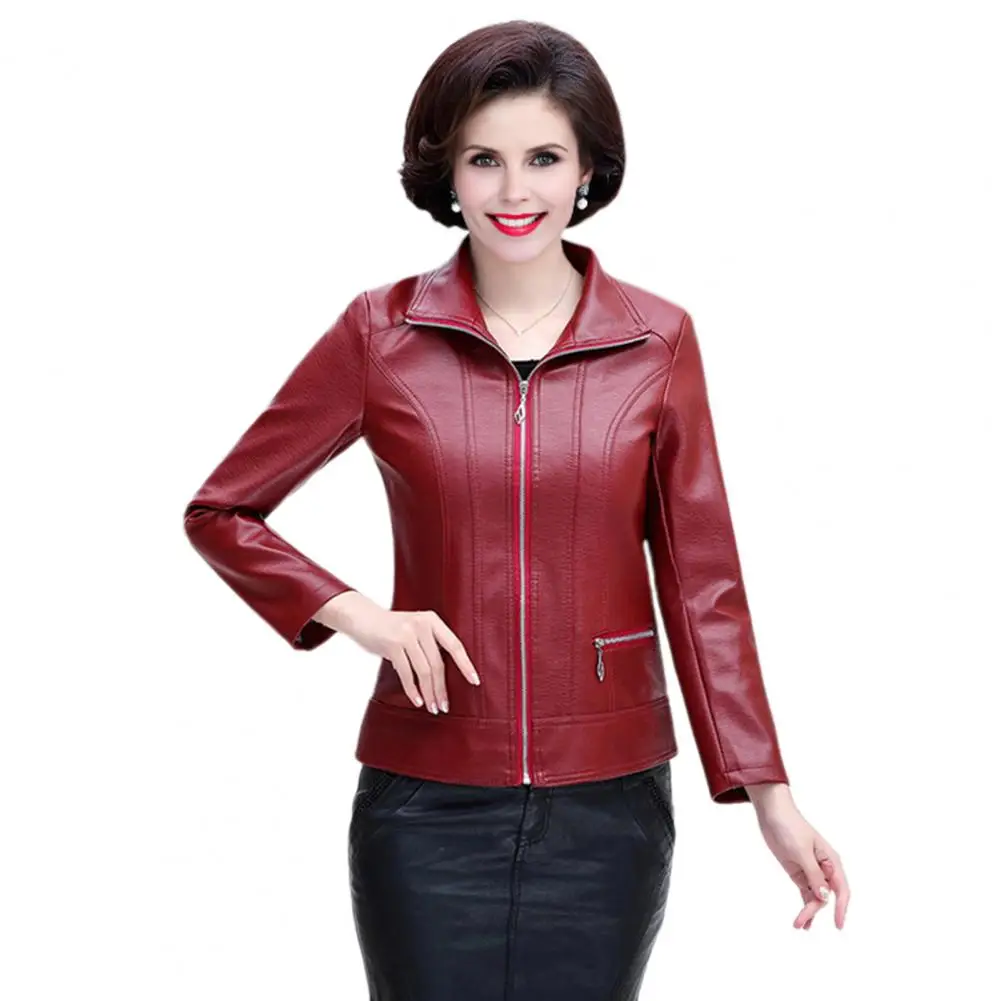 Women Fake Leather Coat Stylish Mid-aged Women's Faux Leather Motorcycle Jacket with Zipper Pockets Retro Outerwear for Plus