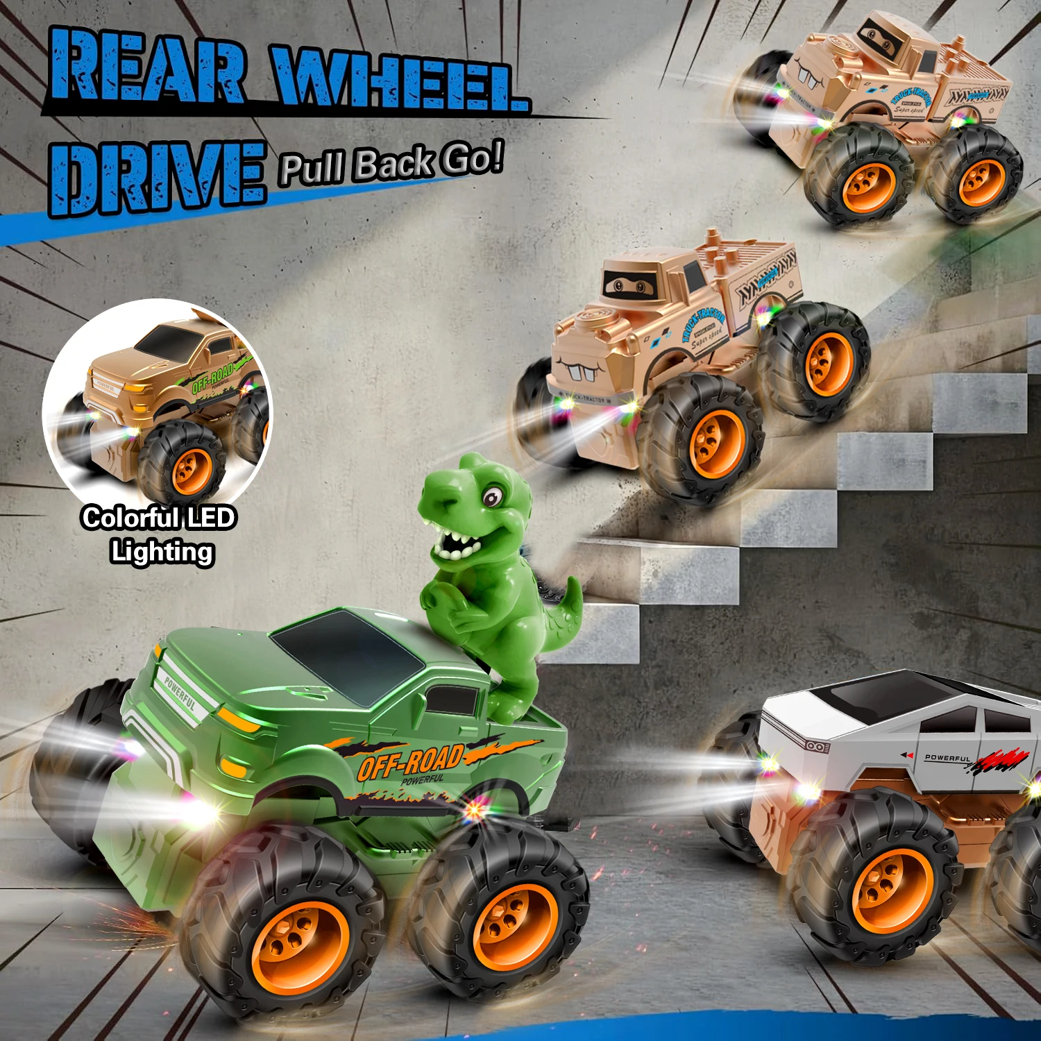 LED照明付きプルバックトラックおもちゃ ディノフィギュア T-レックス恐竜をテーマにした車の輸送トラック 男の子用 幼児教育ゲーム