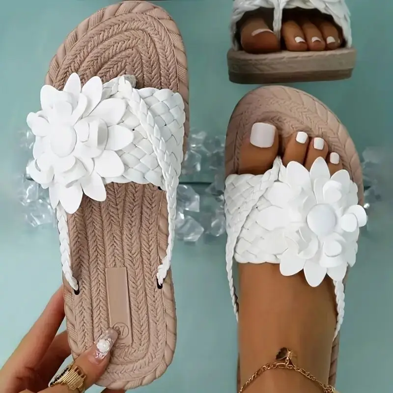 Women\'s Flower Flat Flip Flops Woman Sandals Ladies Slippers Boho Style Braided Band Open Toe Shoes, Casual Non Slip Slides