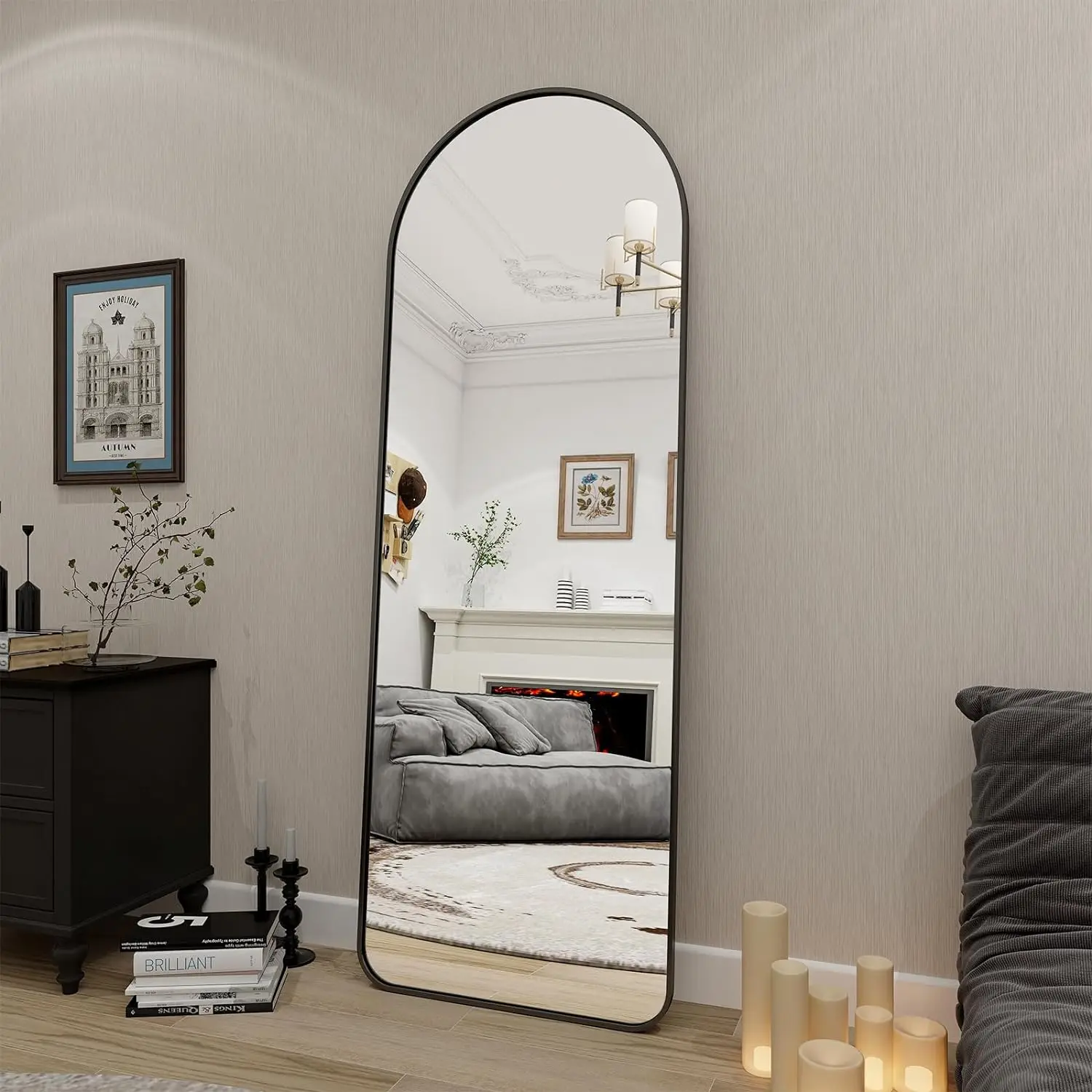 Arched Full Length Mirror, 64"x21" Rounded Coner Floor Length Mirror with Aluminum Alloy Frame, Full Body Mirror with Stand,