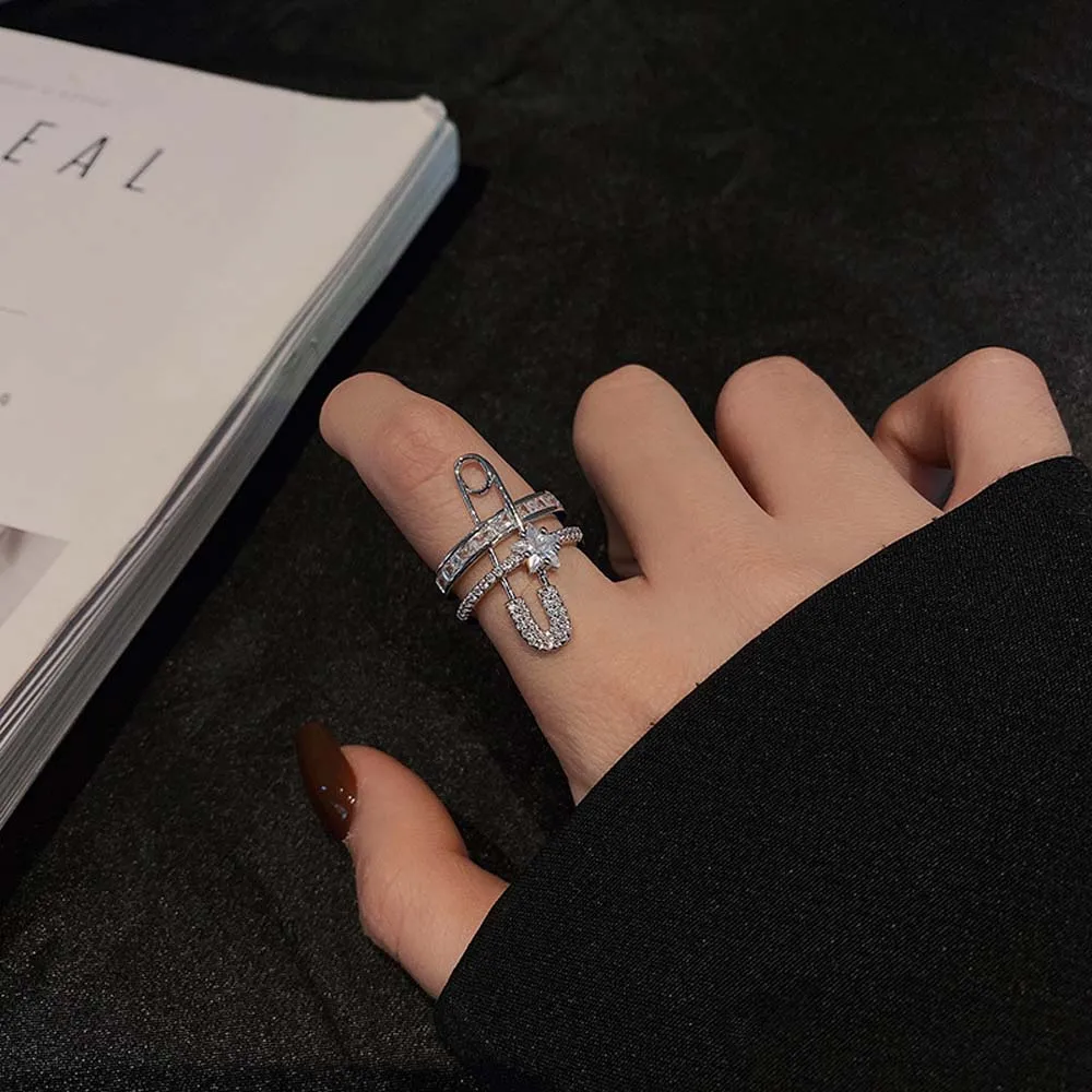 Woman European And American Micro-Inlaid Zircon Double Layer Pin Design Copper Fashion Jewelry Finger Rings Open Ring