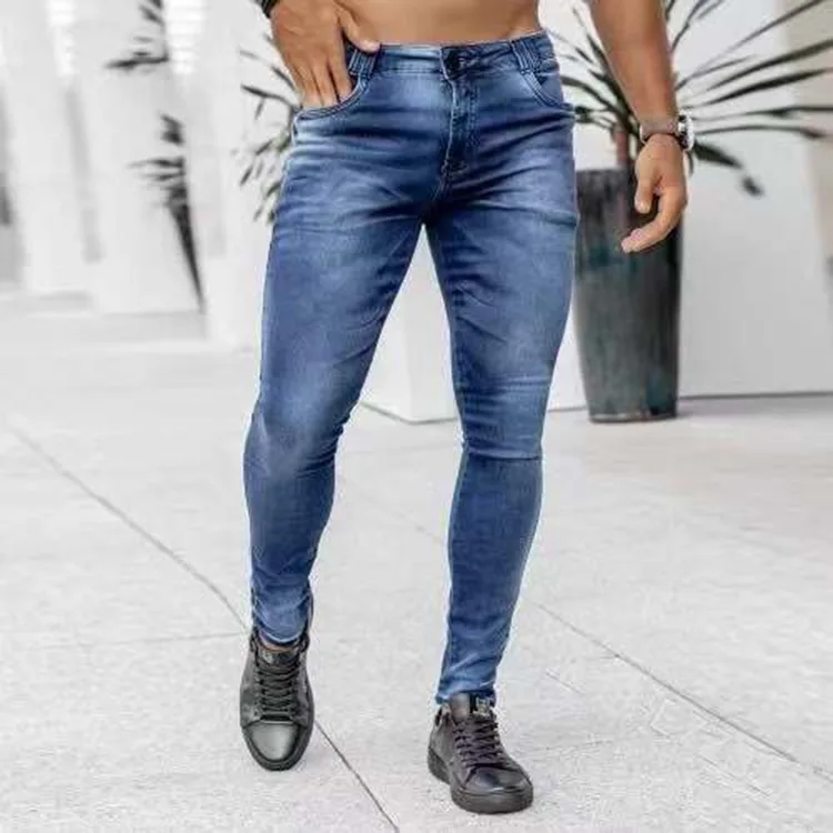 Men Jeans Print High Waist Distressed Pencil Pants Denim Washing Slim Fit Sheath Pockets Slight Strech Zipper Ankle Length