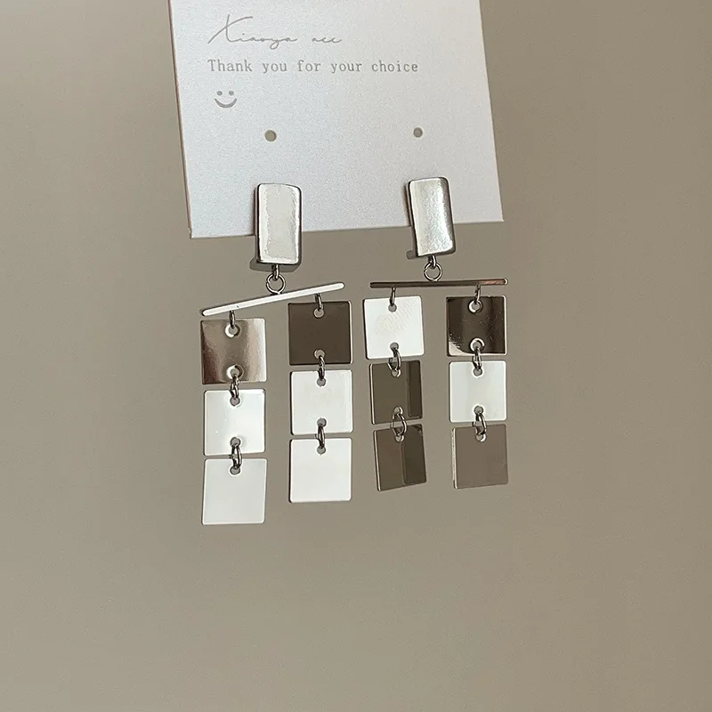 

Silver Patchwork Square Tassel Stud Earrings for Women Party Jewelry