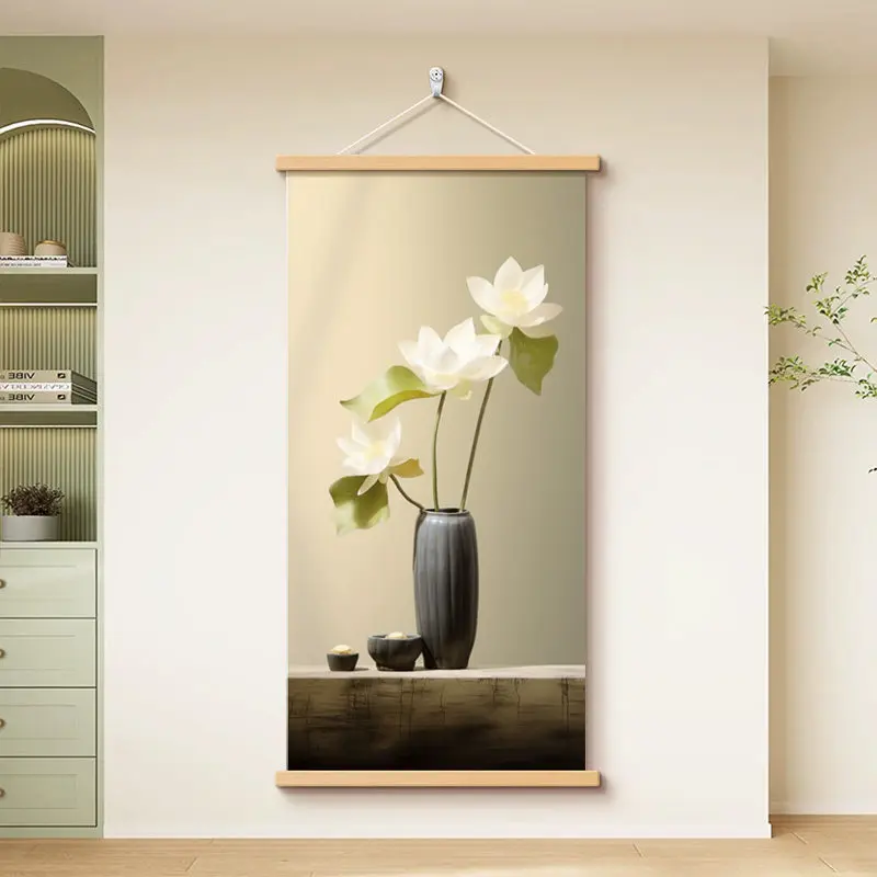 Wall Art White Lotus Bloom and Pale Green Leaves Zen Minimalism Pearlescent Canvas Hanging Scroll with Wooden Rods for Hallway