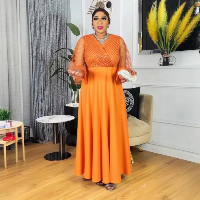 

Plus Size African Dresses for Women Autumn Elegant African Half Sleeve V-neck Polyester Christmas Long Maxi Gowns Africa Clothes
