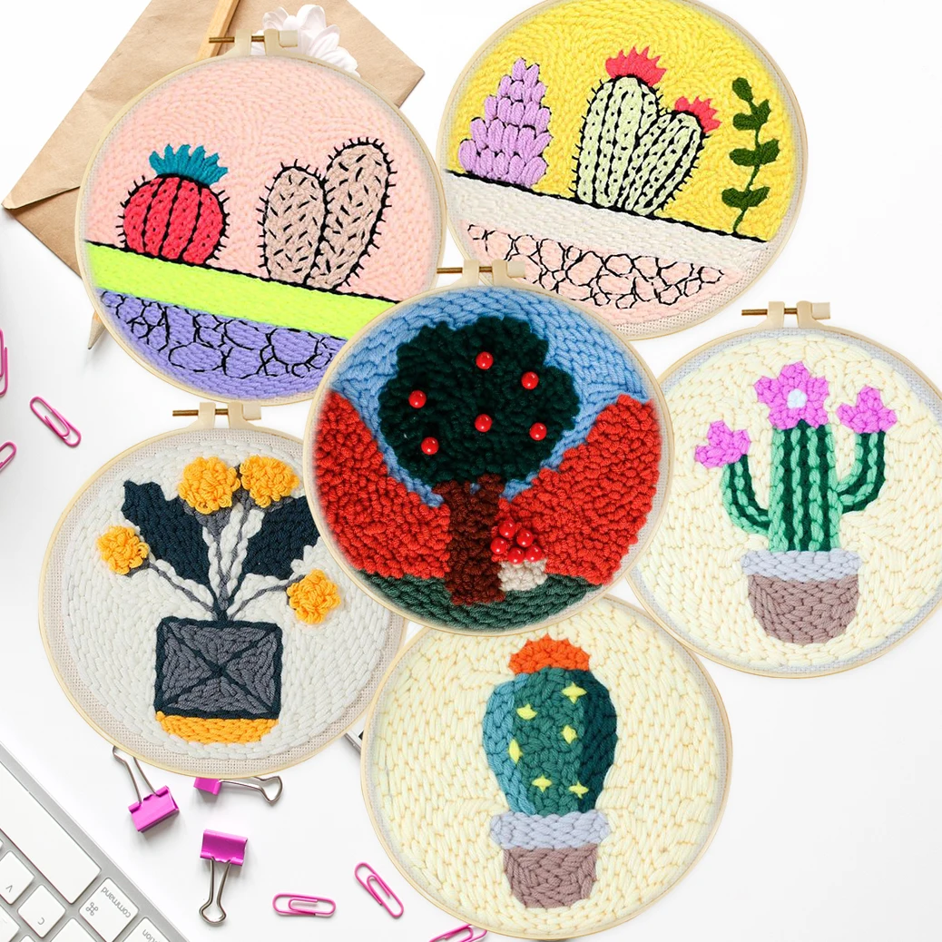 

Cactus Plants Punch Needle Embroidery Kit with Yarn for Beginners Easy Embroidery DIY Wool Work Home Decor Custom Embroidery