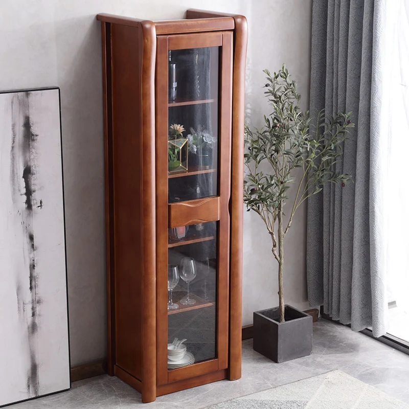 Chinese style solid wood single door wine cabinet, small unit type dining room, storage wall corner narrow cabinet, storage rack