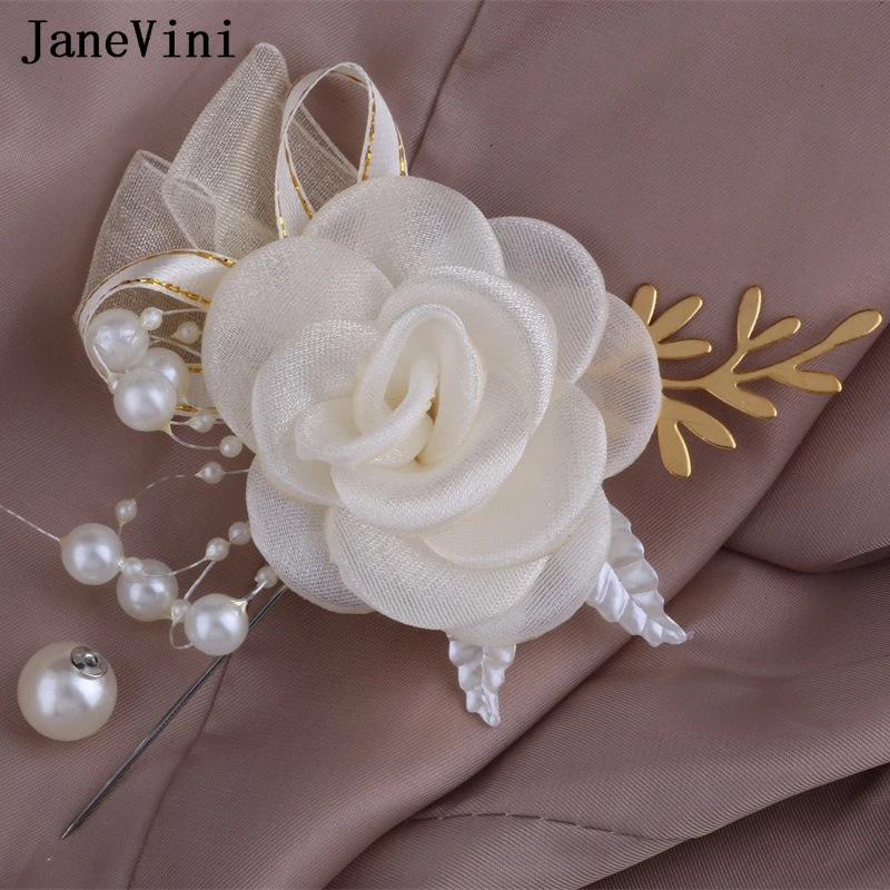 JaneVini Ivory Rose Wedding Bride Groom Boutinniere Mariage Pour Homme Bridesmaid Groomsman Wrist Corsage Men Suits Brooches New