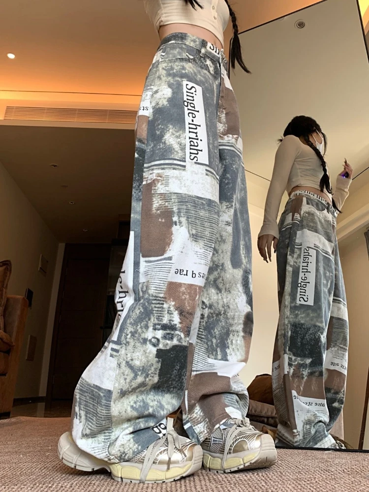 الأمريكية خمر شارع العليا جان طباعة إلكتروني نمط عارضة التعادل صبغ الهيب هوب فضفاض جيب منتصف الخصر حار نمط الساخن امرأة الخريف