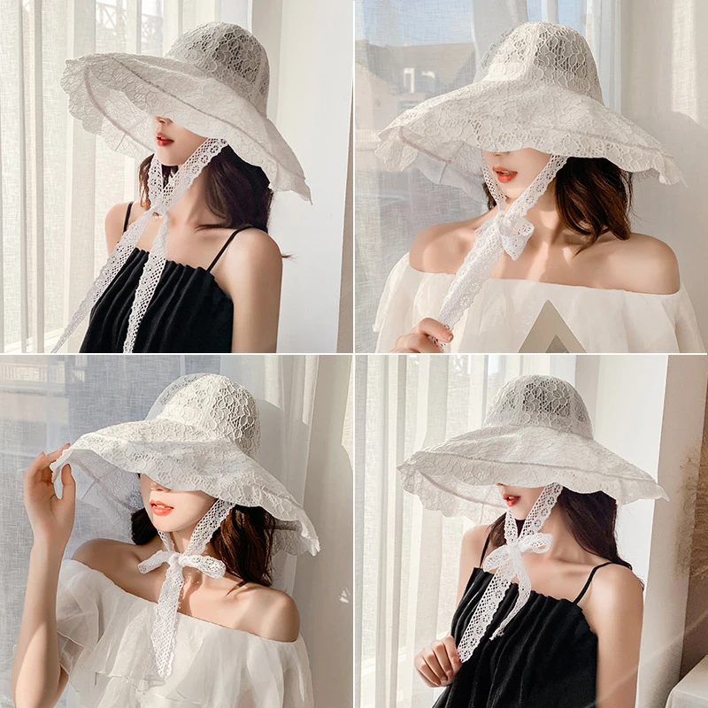 2023 New Fashion Women Summer Hat Ladies Solid Lace Wide Brim Sun Hat Bucket Cap Female Elegant Packable Panama Beach Hat