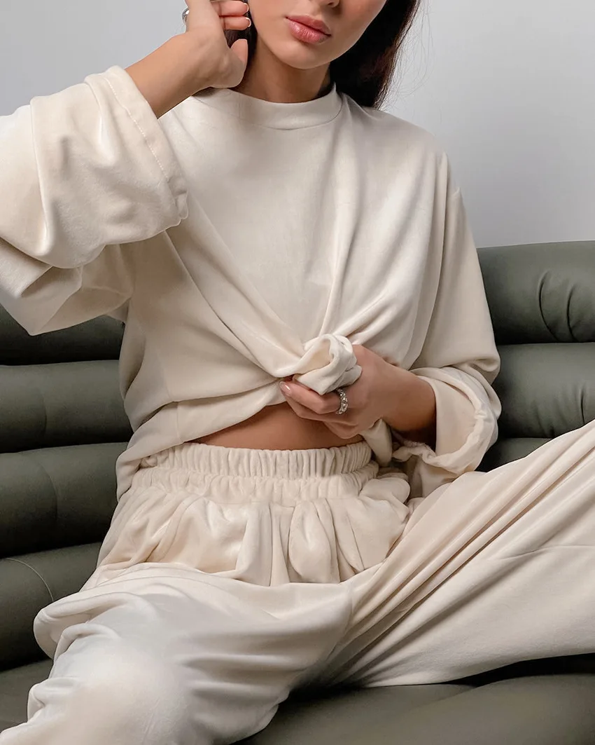 

Velvet Color Top Wide Leg Pants Set Home Clothes Women's Long Sve round Ne Home Comfort Suit Ele Classy
