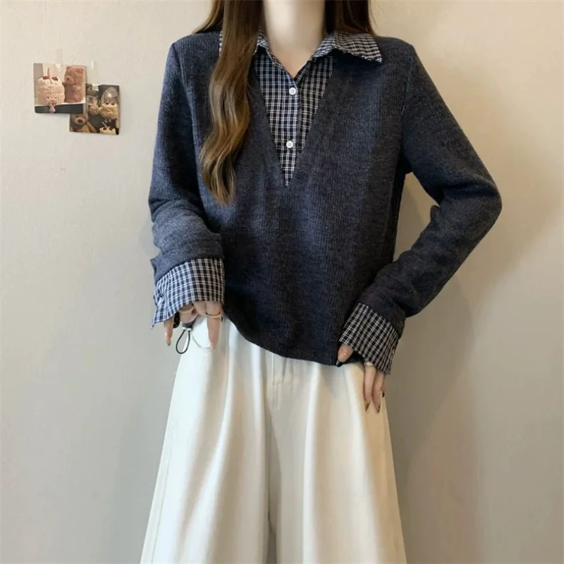 Spring and Autumn Checkered Shirt Splicing Fake Two Piece Hoodie for Women to Look Thin, Drawstring Polo All Match Top