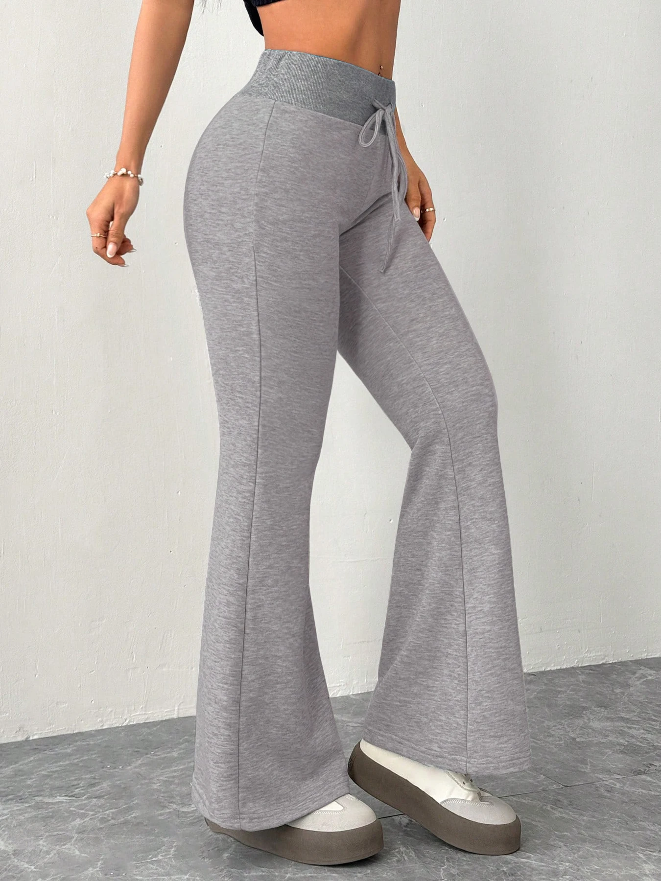 AODEBIAO Grey Pants Women Summer Sexy Slim Basic Solid Lace-up High Waist Flare Pants Women Fashion Casual New Trousers Female