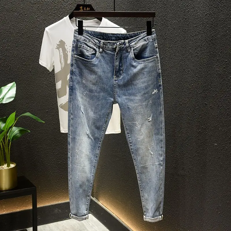 Men's Casual Slim Jeans Spring Autumn Denim JEANS Fashion Handsome Pants 2024 Light Color Luxury Clothing Small Hole Trousers