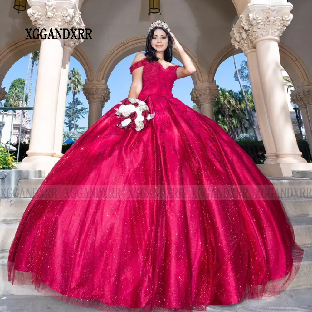 Bourgogne XV Quinceanera Robe 2025 Rouge Robe De 15 Años Quinceañeras Sparkly Sweetheart Dentelle Applique Doux 16 Robe Princesse