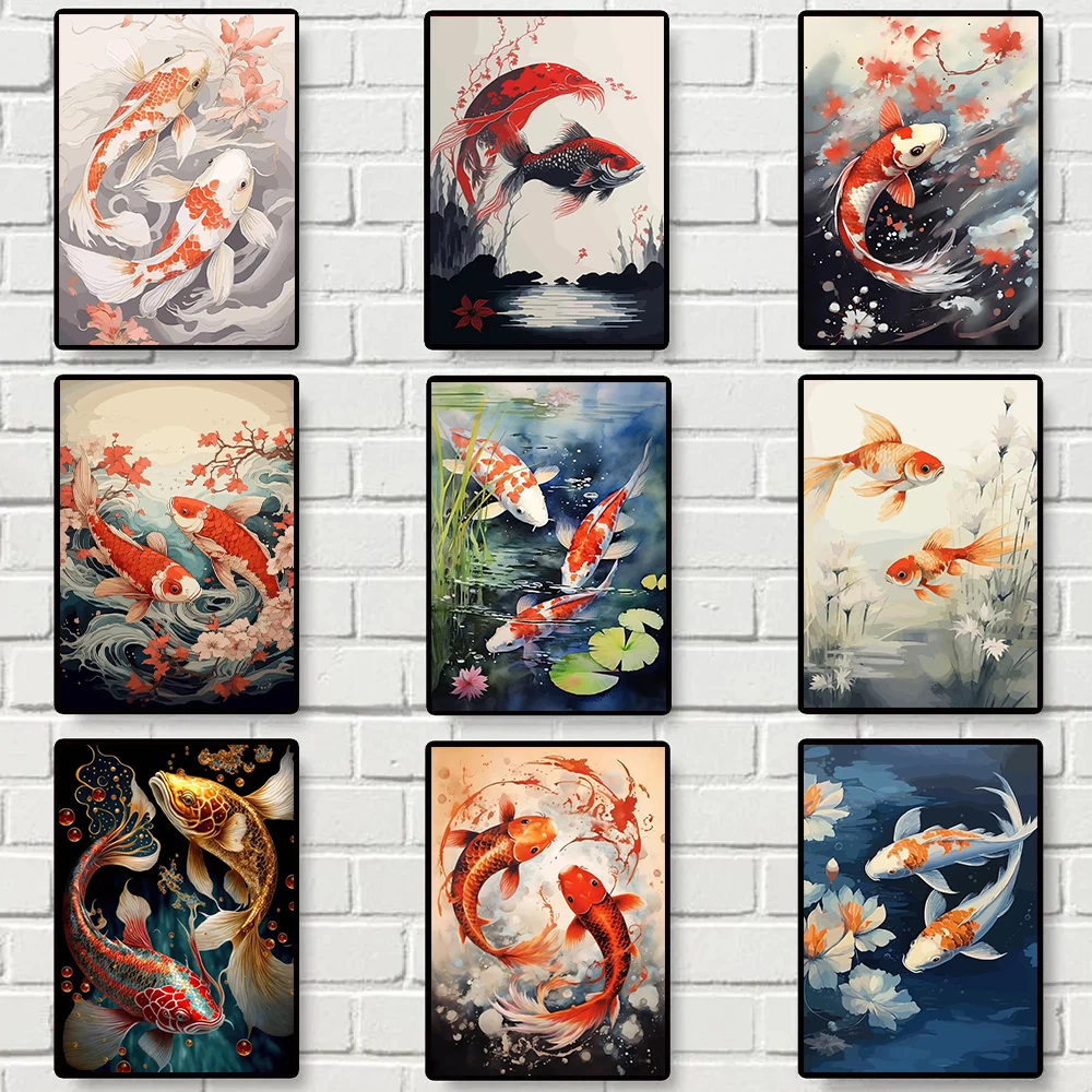 Classic Traditional Good Luck Red Koi Fish Water Lotus Poster Canvas Painting Wall Art Pictures for Living Room Home Decor