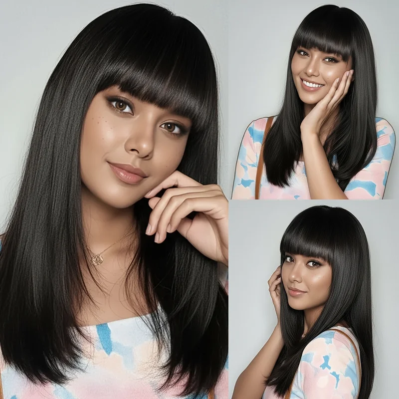 Elegant Bangs Medium Length Straight Bob Wig | Heat Resistant Synthetic Hair,Suitable for Beginners, Ideal for Women'S Daily Use