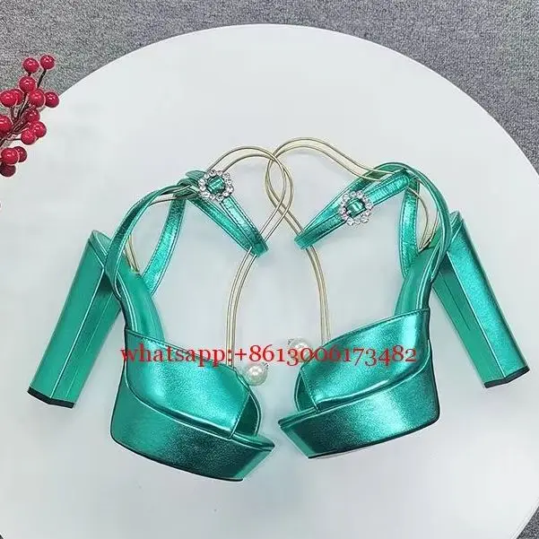 New Arrive Peep Toe High Platform Woman Slingback Chunky Heel Sandal Summer Lady Thick High Heel Large Pearls Platform Sandal