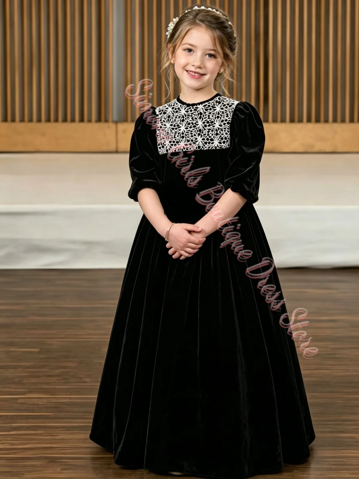 Großhandel Mädchenkleider mit Viertelärmeln, Spitzenkragen, Samt-Blumenmädchenkleid für Hochzeitszeremonien, formelle Empfänge, maßgeschneidert – Detail 1